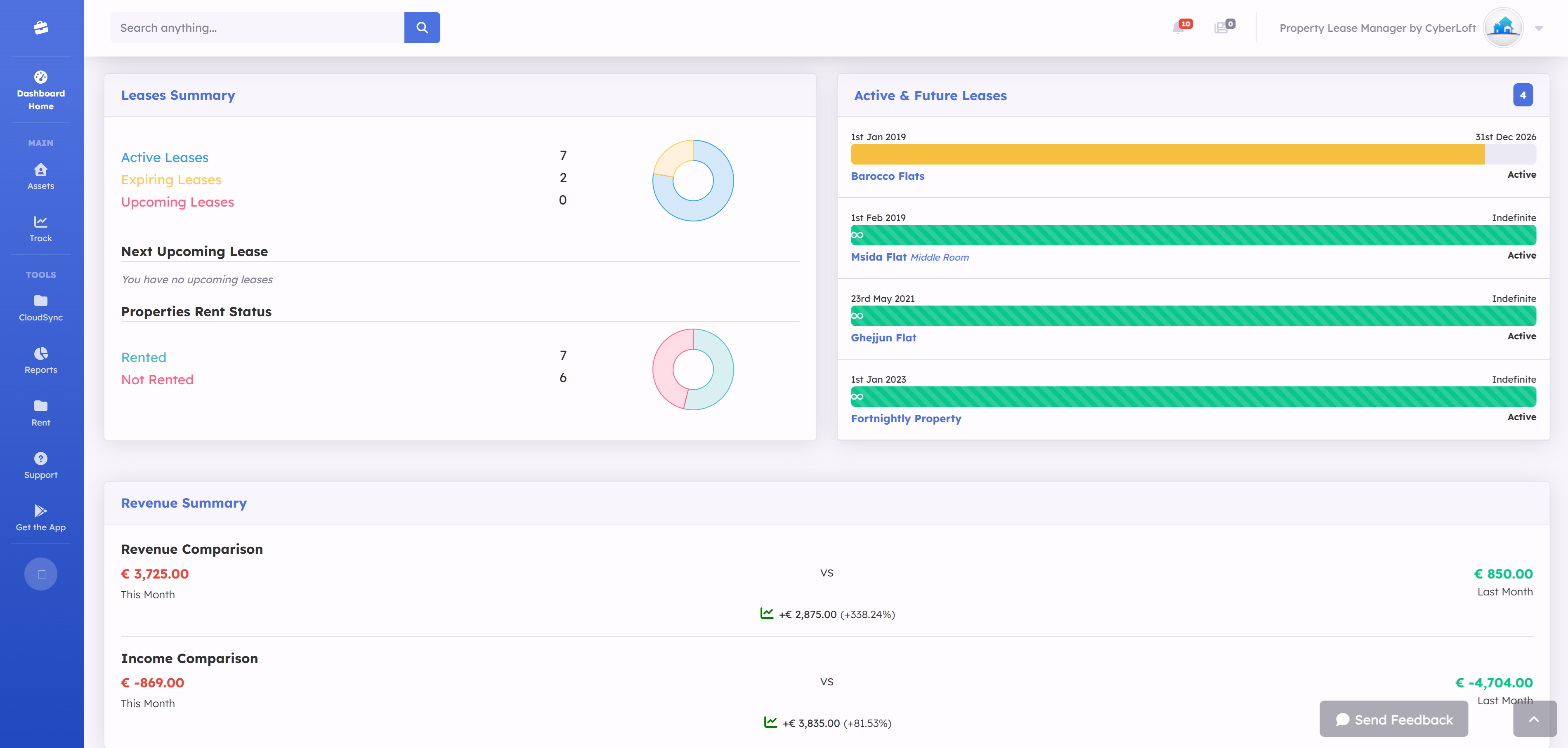 Property Lease Manager dashboard showing rental management records