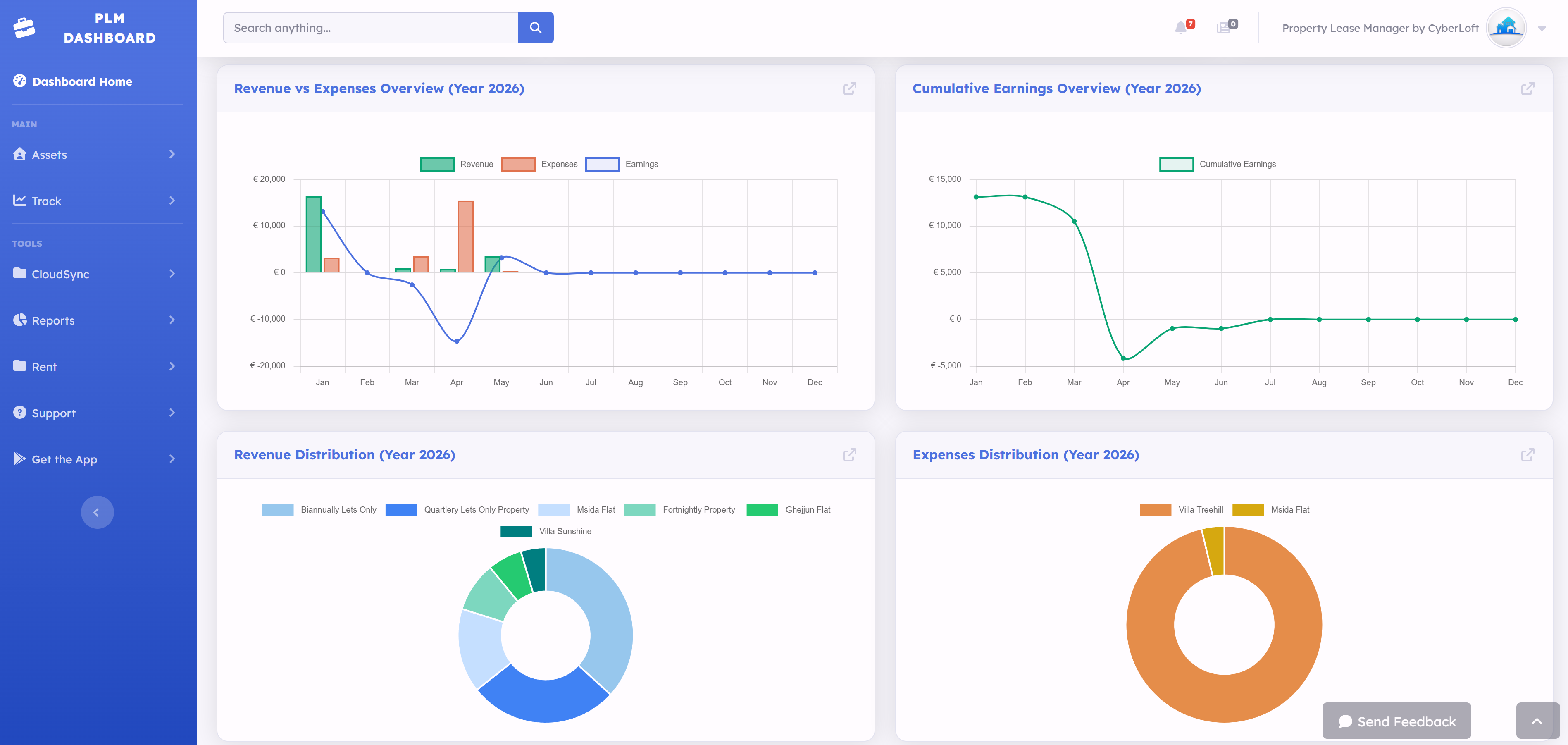 Property Lease Manager web dashboard showing property management activity
